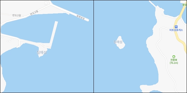 사천시에는 ‘질매섬’이 2곳 있다. 곤양면 중항리(사진 왼쪽)와 서포면 비토리의 질매섬이 그것. 두 섬 모두 섬의 모양이 소 ‘질매’를 닮아 이름 붙여졌다. (이미지=네이버 지도)