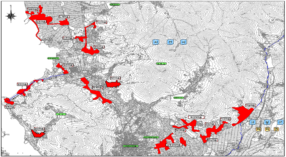 붉게 표시된 지역이 하수관거 정비지역 (사진=사천시)