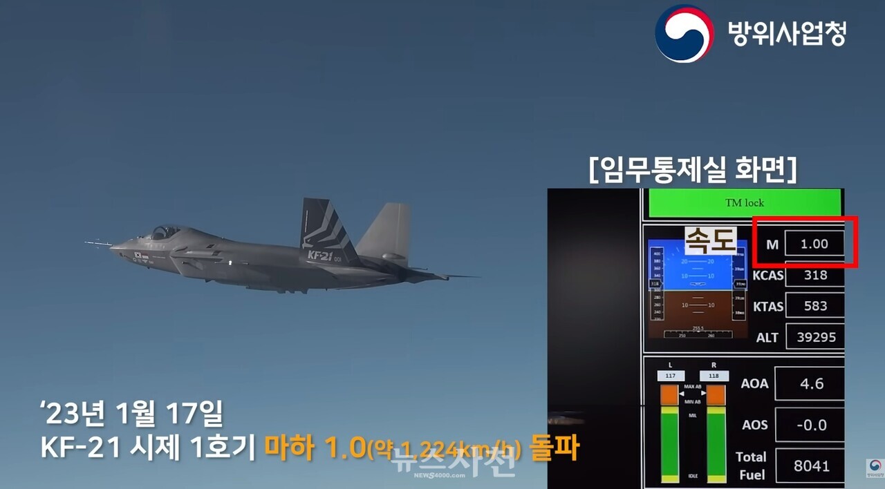사천에 본사를 둔 한국항공우주산업(주)(이하 KAI)에서 체계개발 중인 국산 초음속 전투기 KF-21 보라매가 1월 17일 오후 첫 초음속 비행에 성공했다.(사진=방위사업청)