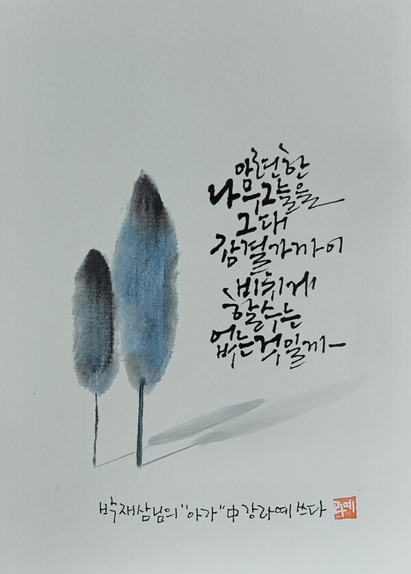최우수상 강라예 씨. 박재삼 시인의 두 번째 시집 〈햇빛 속에서〉 중, 시 '아가(雅歌)'의 한 구절.